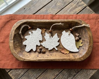 Set of 3 Clay Leaf Ornaments | Modern Farmhouse Fall Decor | Textured Oak Maple Birch Leaves