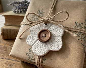 Whimsical Flower Ornaments Set of 4 - Vintage Button Dough Bowl Filler - Tea Party Favors