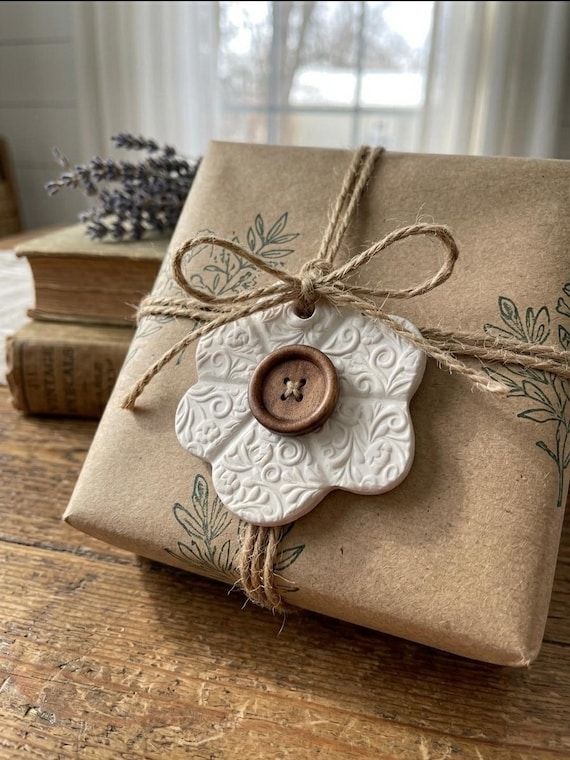 Whimsical Flower Ornaments Set of 4 - Vintage Button Dough Bowl Filler - Tea Party Favors