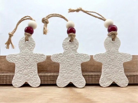 Set of 3 Handmade Clay Gingerbread Man Ornaments | Christmas Decorations | Gift Tags