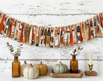 Vintage Autumn Fabric Garland | Terracotta Orange Pumpkin Decor | Farmhouse Thanksgiving Mantle Bunting