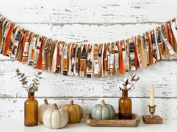 Vintage Autumn Fabric Garland | Terracotta Orange Pumpkin Decor | Farmhouse Thanksgiving Mantle Bunting