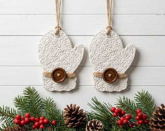 Embossed Clay Mitten Ornaments | White Ceramic Holiday Favors | Traditional Christmas Tree Decor Pair