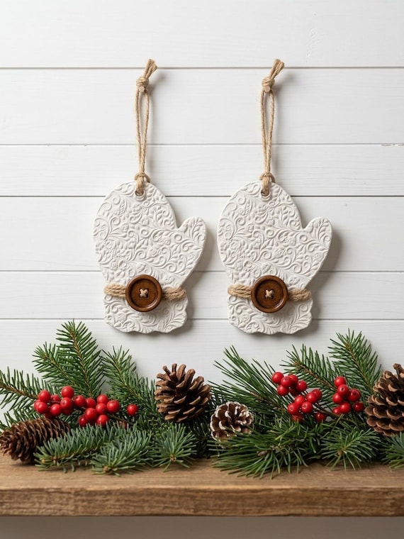 Embossed Clay Mitten Ornaments | White Ceramic Holiday Favors | Traditional Christmas Tree Decor Pair