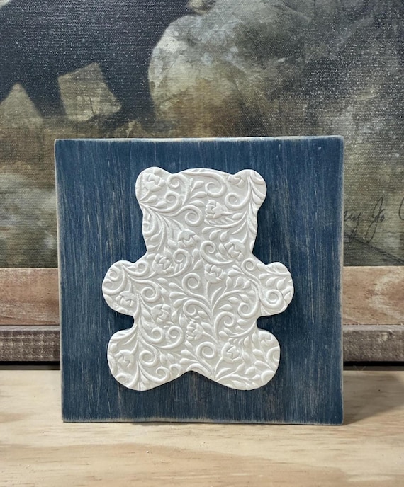 Teddy Bear Wood Block | Farmhouse Style Nursery Art | New Baby Gift | Tiered Tray