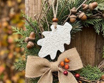 Modern Farmhouse Oak Leaf Ornaments, Set of 3 | textured white clay Thanksgiving favors