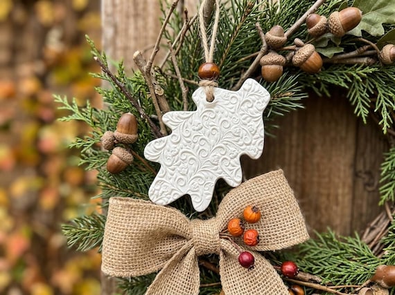 Modern Farmhouse Oak Leaf Ornaments, Set of 3 | textured white clay Thanksgiving favors