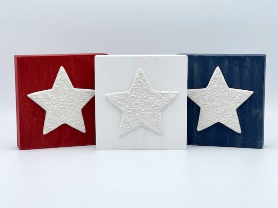 Red, White & Blue Star Set | Embossed Clay | 4th of July Tiered Tray | Patriotic Gift