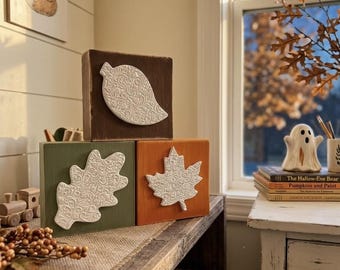 Autumn Leaf Wood Block Signs | Fall Tiered Tray Decor | Thanksgiving Place Setting Gift