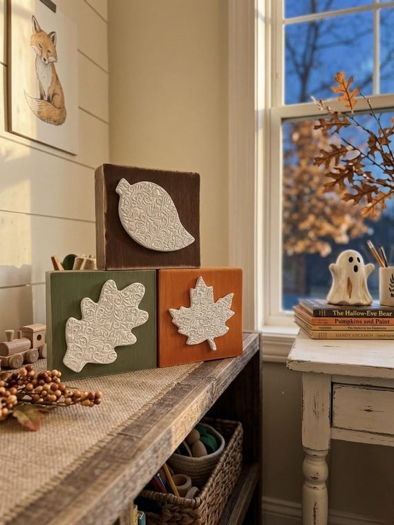 Autumn Leaf Wood Block Signs | Fall Tiered Tray Decor | Thanksgiving Place Setting Gift