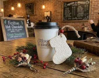 Christmas Stocking Ornaments Set of 3 | White Embossed Clay | Modern Farmhouse Decor