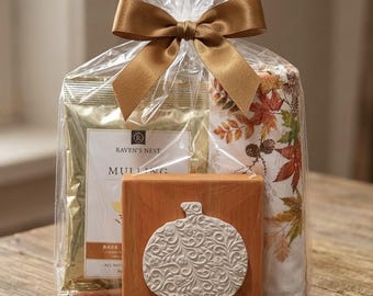 Cozy Autumn Gift Bundle | Handcrafted Embossed Clay Pumpkin Sign | Farmhouse Fall Present Pack