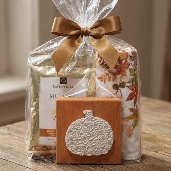 Cozy Autumn Gift Bundle | Handcrafted Embossed Clay Pumpkin Sign | Farmhouse Fall Present Pack