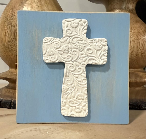 Clay Cross Wood Sign | Embossed Baptism Gift | Farmhouse Tier Tray | First Communion
