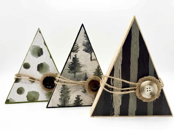 Woodland Triangle Tree Decor | Rustic Decoupaged Wood Shelf Sitter | Cozy Neutral Home Accent