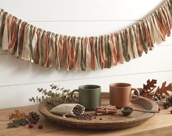 Farmhouse Fall Fabric Garland | Rust Orange Sage Plaid Rag Tie Banner Mantel Bunting