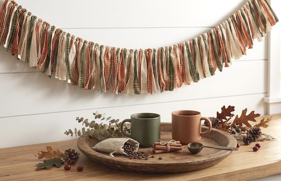 Farmhouse Fall Fabric Garland | Rust Orange Sage Plaid Rag Tie Banner Mantel Bunting