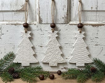 Scandinavian Christmas Tree Ornaments Set of 3 | White Clay Modern Farmhouse Decor
