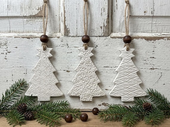 Scandinavian Christmas Tree Ornaments Set of 3 | White Clay Modern Farmhouse Decor