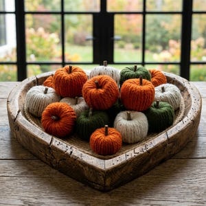 May include: A collection of small, yarn-wrapped pumpkins in shades of orange, green, and cream, arranged inside a large, heart-shaped wooden bowl. Each pumpkin features a small, dark brown stem at the top, creating a textured, seasonal display.