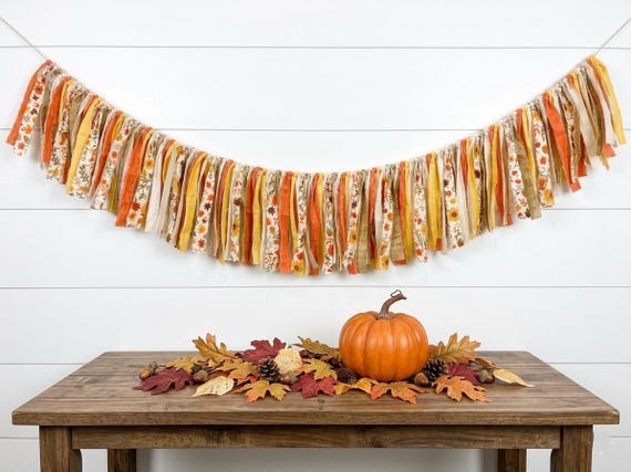60 Inch Fall Fabric Garland | Modern Farmhouse Decor | Orange Yellow Floral Ties | Autumn Bunting