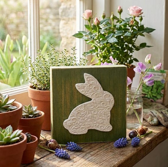Rabbit Wood Sign | Farmhouse Spring Decor | Bunny Tiered Tray | Garden Art Gift
