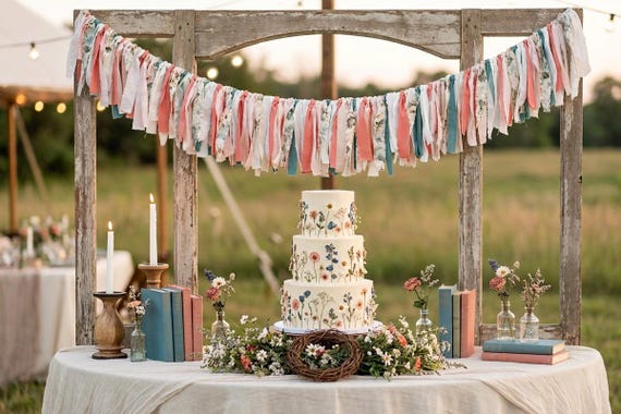 Meadowcore 60” Fabric Garland | Floral Wildflower Bunting | Shabby Chic Mantel Decor | Wedding