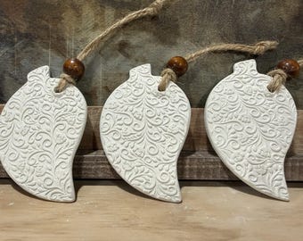 Modern Farmhouse Aspen/Birch Leaf Ornaments, Set of 3 | textured white clay Thanksgiving favors