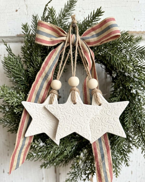 Clay Star Christmas Ornaments | 4th of July | Patriotic Wedding Favors | Set of 3
