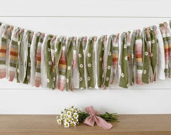 Daisy Fabric Garland | Cottagecore Sage Green Banner | Summer Nursery Baby Shower Decor