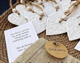 Clay Heart Wedding Favors | Personalized Bulk Guest Gifts with Burlap Bags | Set of 10