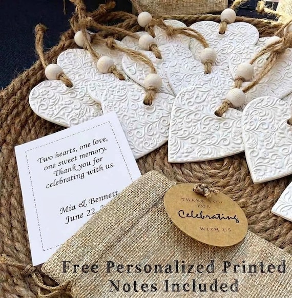 Clay Heart Wedding Favors | Personalized Bulk Guest Gifts with Burlap Bags | Set of 10
