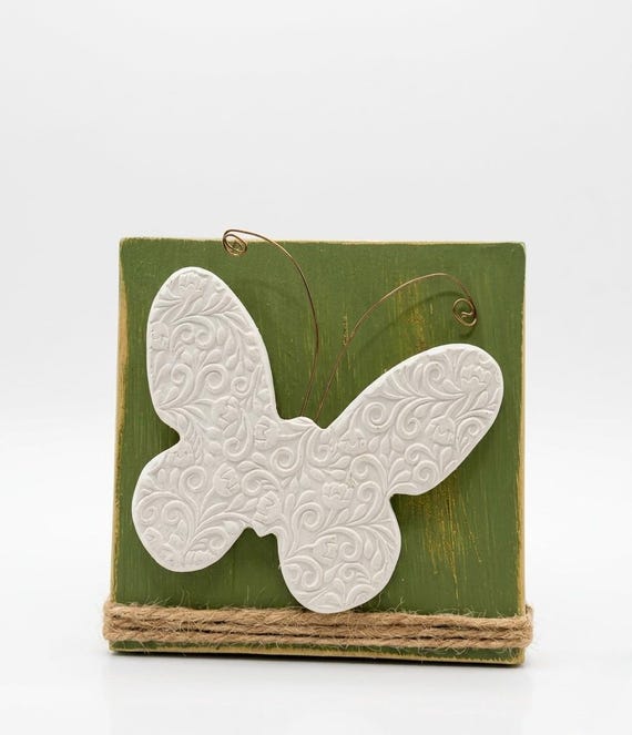 Butterfly Wood Sign: Distressed Green Wood & Embossed Clay | Whimsical Spring Garden Gift