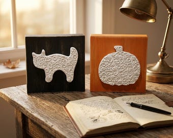 Halloween Black Cat Pumpkin Wood Block Signs | Spooky Farmhouse Tiered Tray Decor | Orange | Black