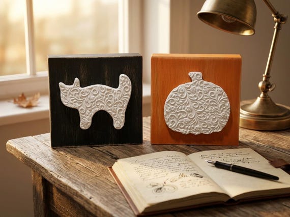Halloween Black Cat Pumpkin Wood Block Signs | Spooky Farmhouse Tiered Tray Decor | Orange | Black