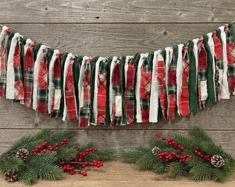 Plaid Christmas Garland | Red Green White Holiday Decor | Traditional Farmhouse Mantle Bunting