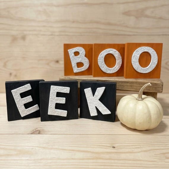 Spooky Halloween Decor Signs |  Eek and Boo | 3D Embossed Clay Farmhouse Textured Wood Blocks