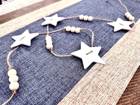 Rustic Star Garland | Clay Stars, Wood Beads, Jute Twine | Patriotic Decoration | 4th of July