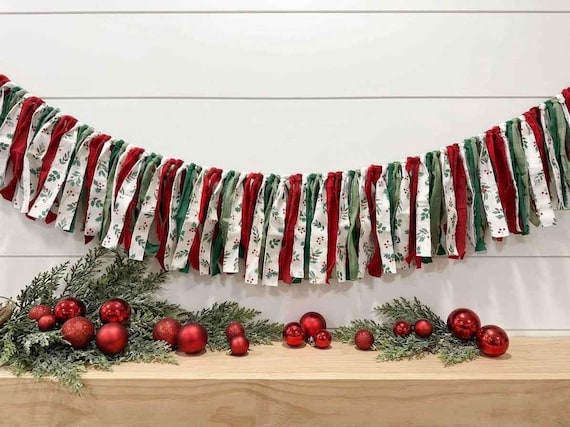 Farmhouse Christmas Fabric Garland  | Rustic Red and Green Holiday Mantel Decor | Christmas Bunting