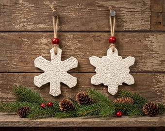 White Ceramic Snowflake Ornaments Set of 2 | Embossed Floral Rustic Christmas Tree Decor