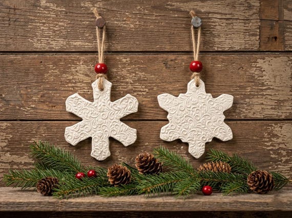 White Clay Snowflake Ornaments Set of 2 | Embossed Floral Rustic Christmas Tree Decor