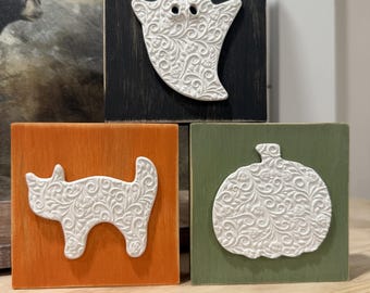 Halloween Ghost Pumpkin Cat Bat Wood Block Signs | Farmhouse Shiplap Mantel | Tiered Tray Autumn Decor | Modern Cottagecore Holiday Set