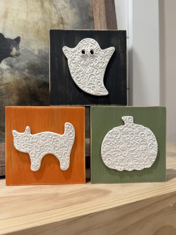 Halloween Wood Block Signs | Embossed Ghost, Cat, Pumpkin, Bat | Farmhouse Decor