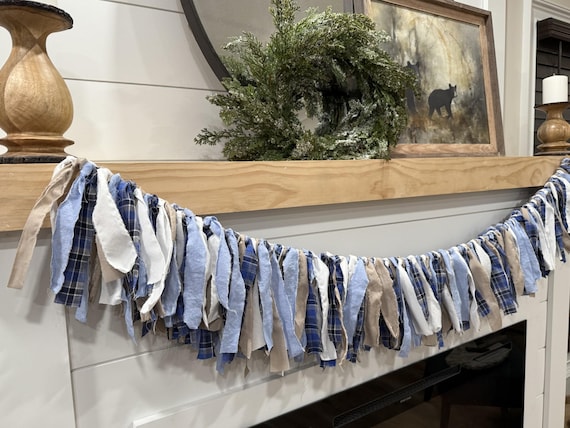 Blue 60” Fabric Garland | Farmhouse Mantel | Rustic Wedding | Shower Decor | Boy's Room Bunting