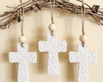 Handmade Clay Cross Ornament | White Embossed Baptism Gift | Christmas Keepsake