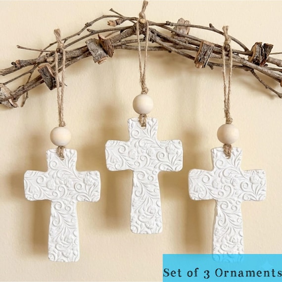 Handmade Clay Cross Ornament | White Embossed Baptism Gift | Christmas Keepsake