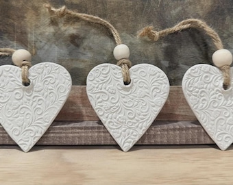 Clay Heart Christmas Ornaments, Handmade | Embossed Clay | Wedding Favors | Set of 3