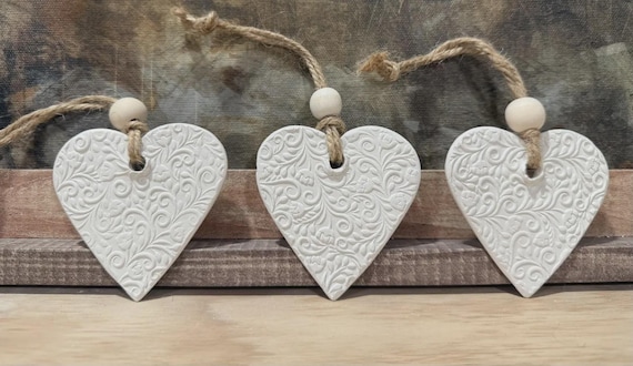 Clay Heart Christmas Ornaments, Handmade | Embossed Clay | Wedding Favors | Set of 3