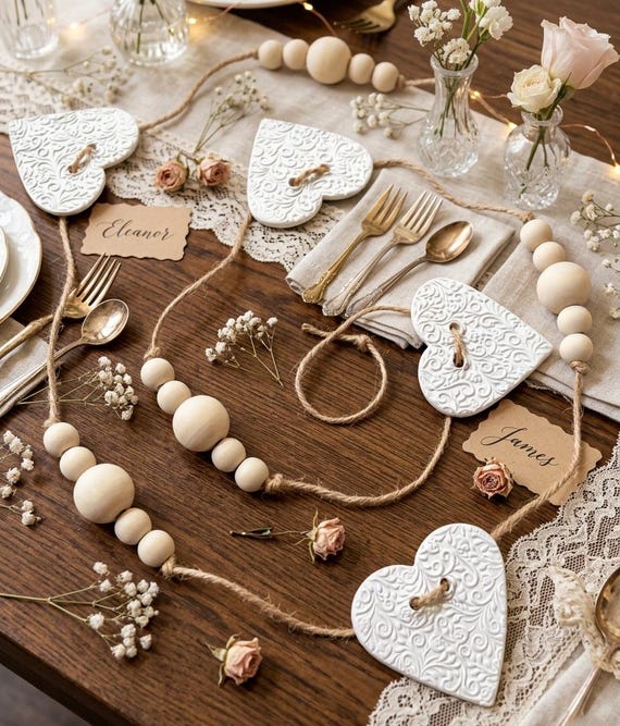 Heart Wedding Garland | Clay & Beads Farmhouse Mantel Decor | Tiered Tray Decor