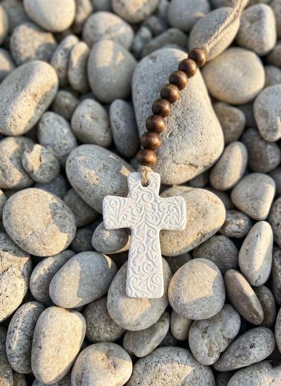 Blessing Beads | Clay Cross & Bird Prayer Beads | Wood Bead Garland | Farmhouse Tiered Tray | Mindfulness